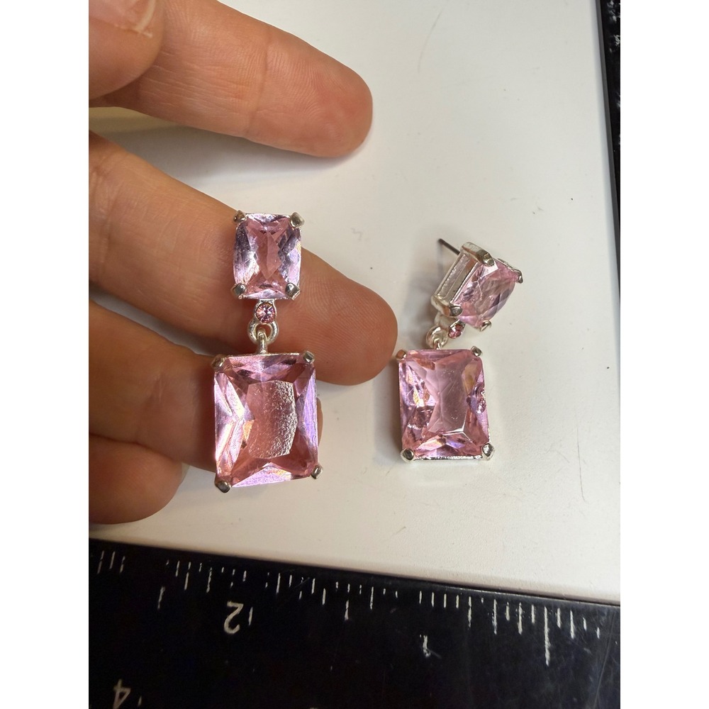 Emerald Cut Pink Glass Drop Earrings Silver Tone Tiered Rectangular Dangle